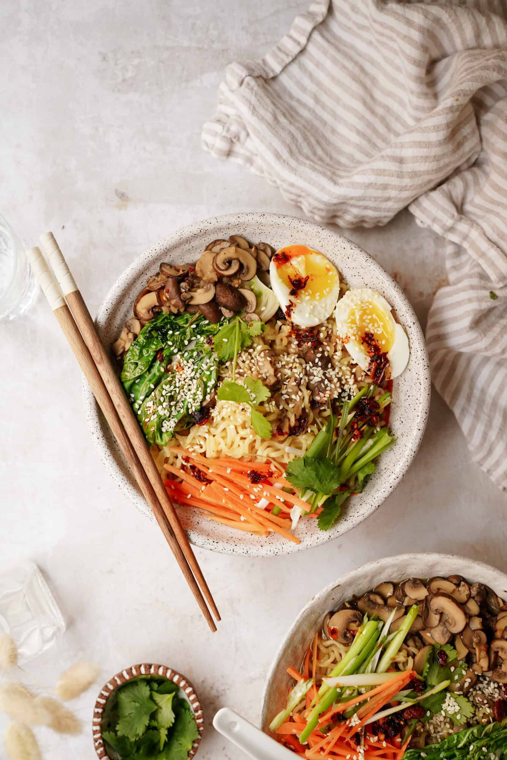 Mushroom ramen in a bowl on a countertop