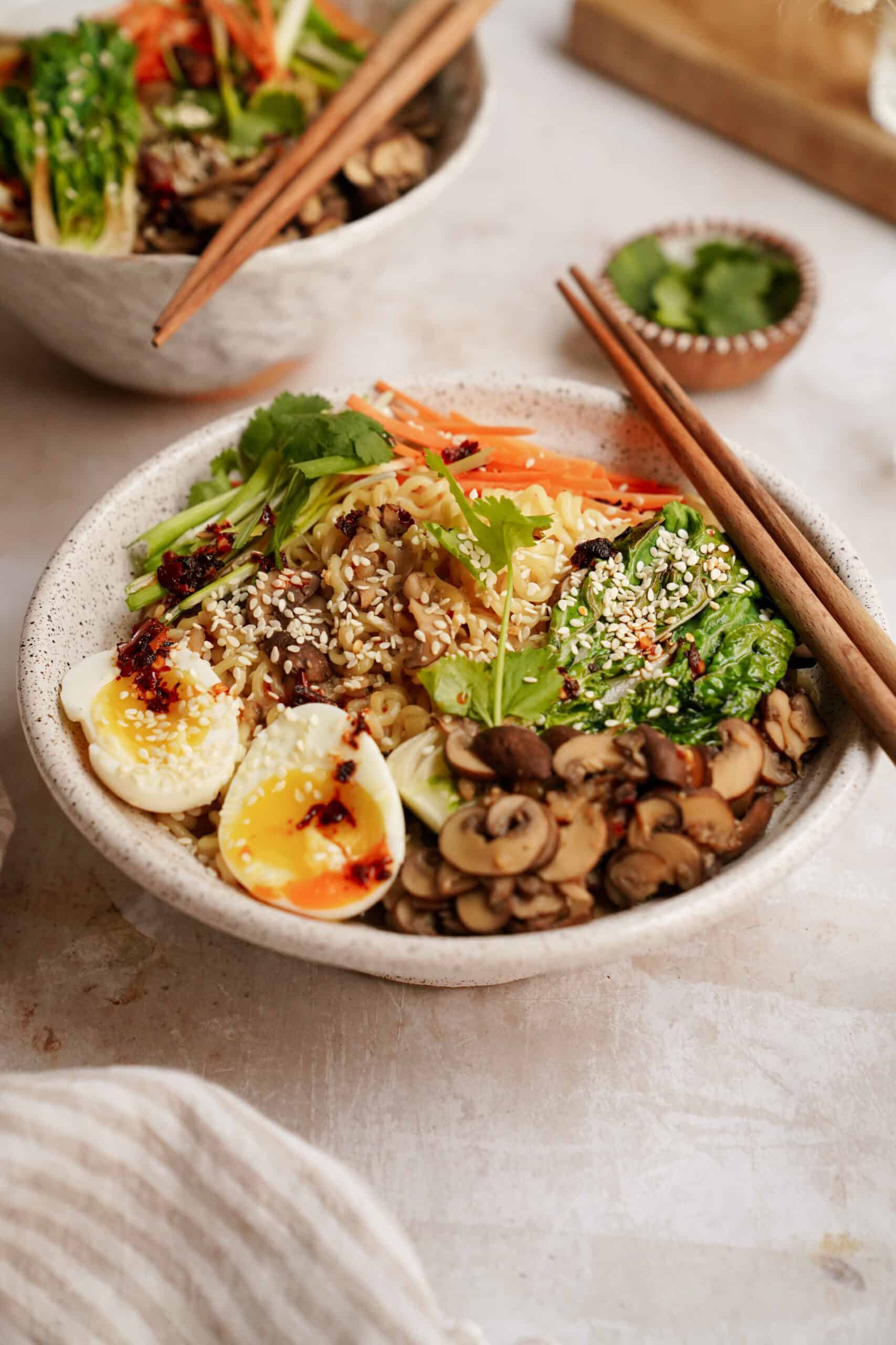 Mushroom ramen in a bowl on a countertop