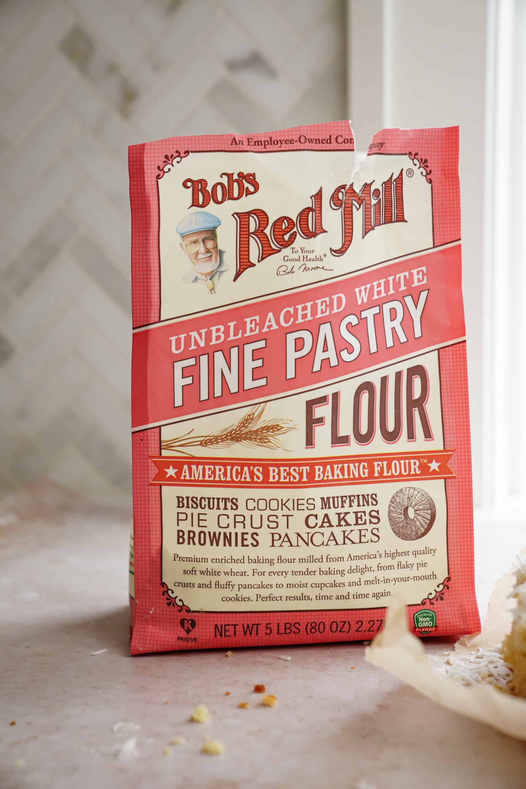 Bag of Bob's Red Mill Pastry Flour on counter