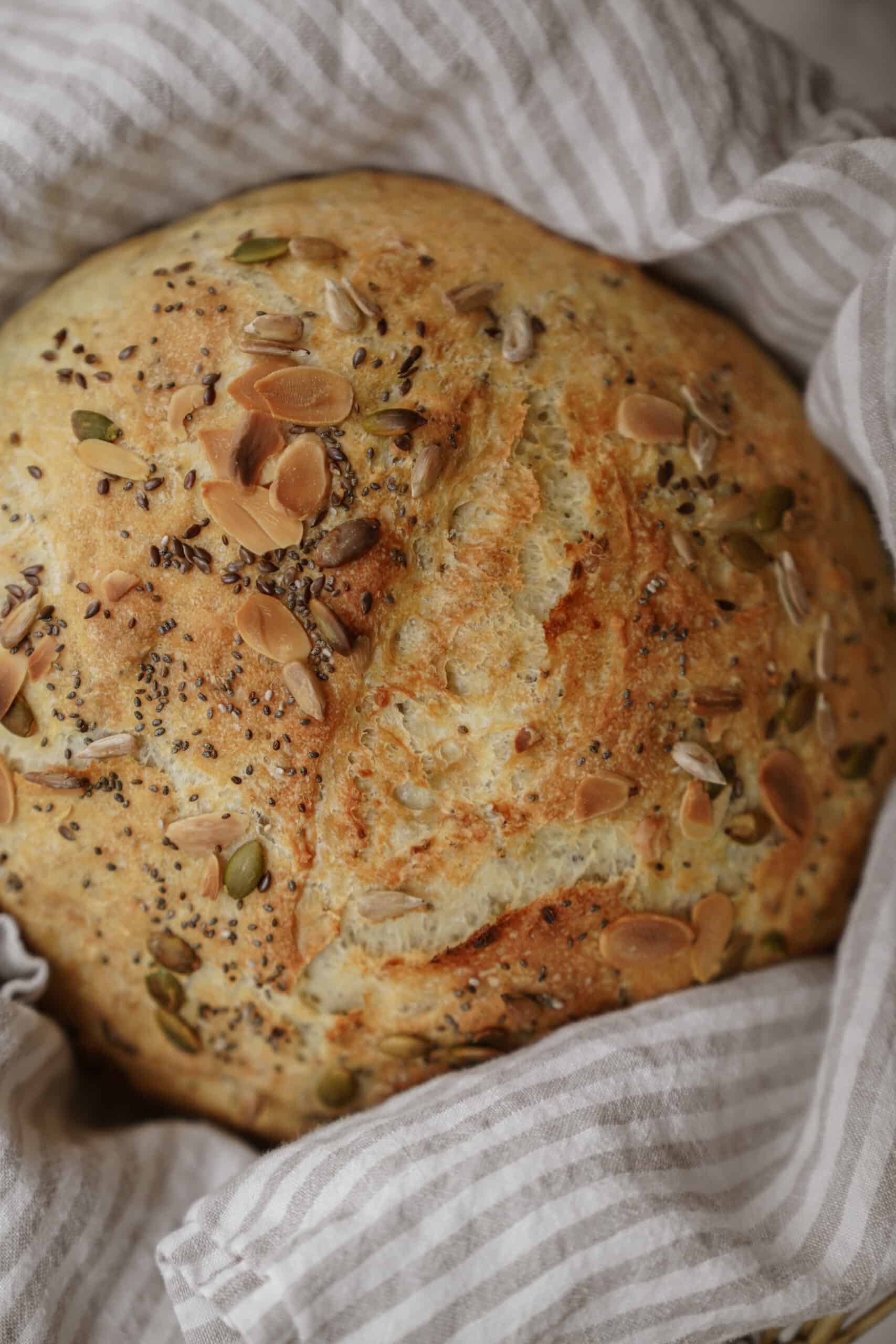 One of my fav dutch oven bread recipes for no-knead seedy bread. Bread in a basket.