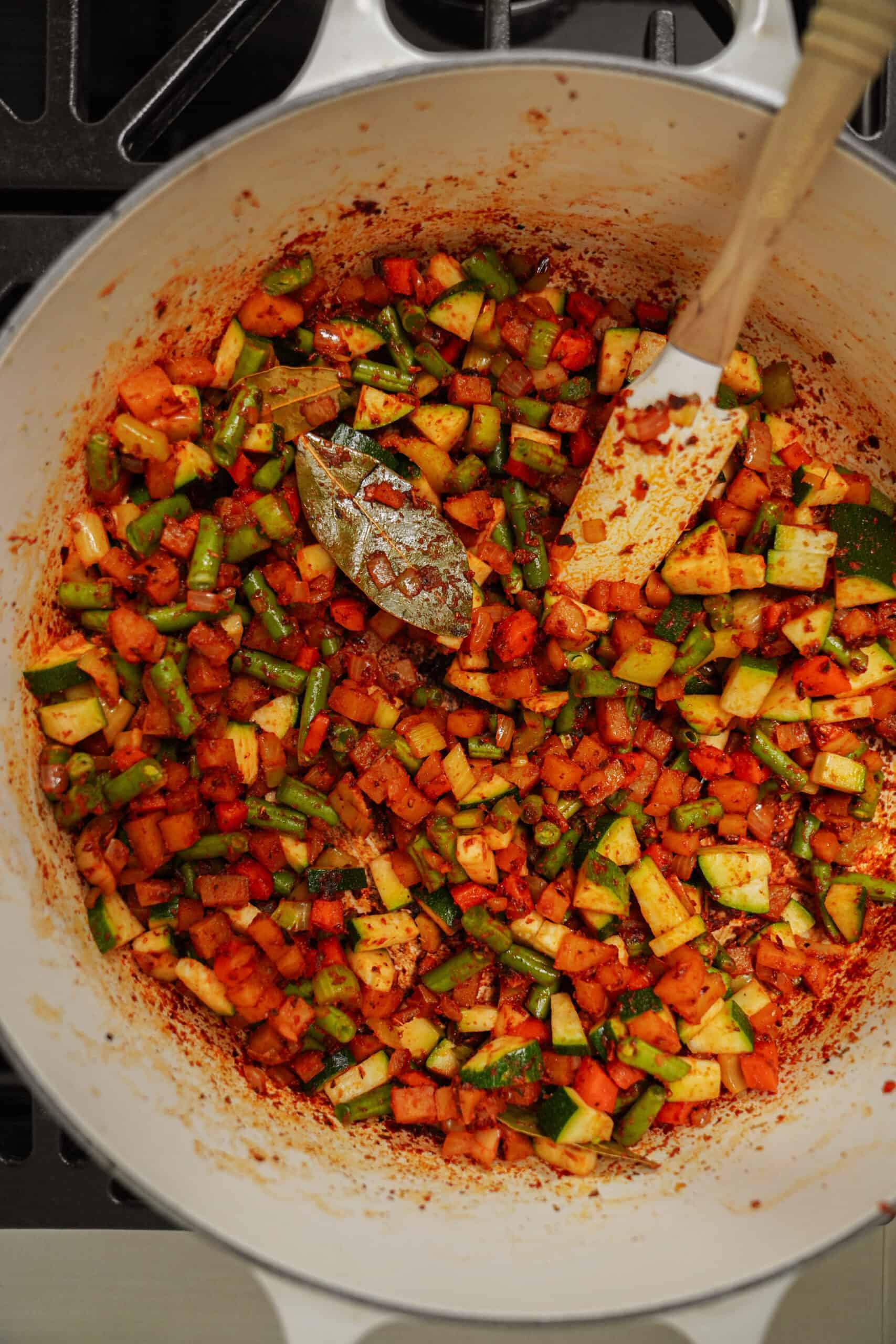 Veggies for minestrone soup in a pot