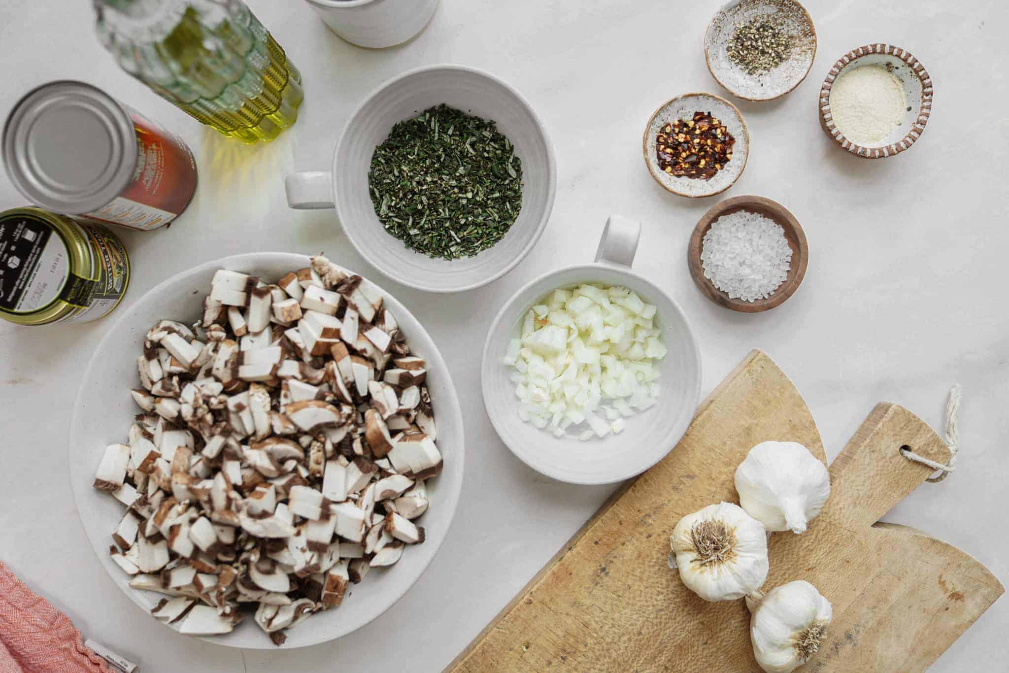 ingredients for vegan cream of mushroom soup on counter