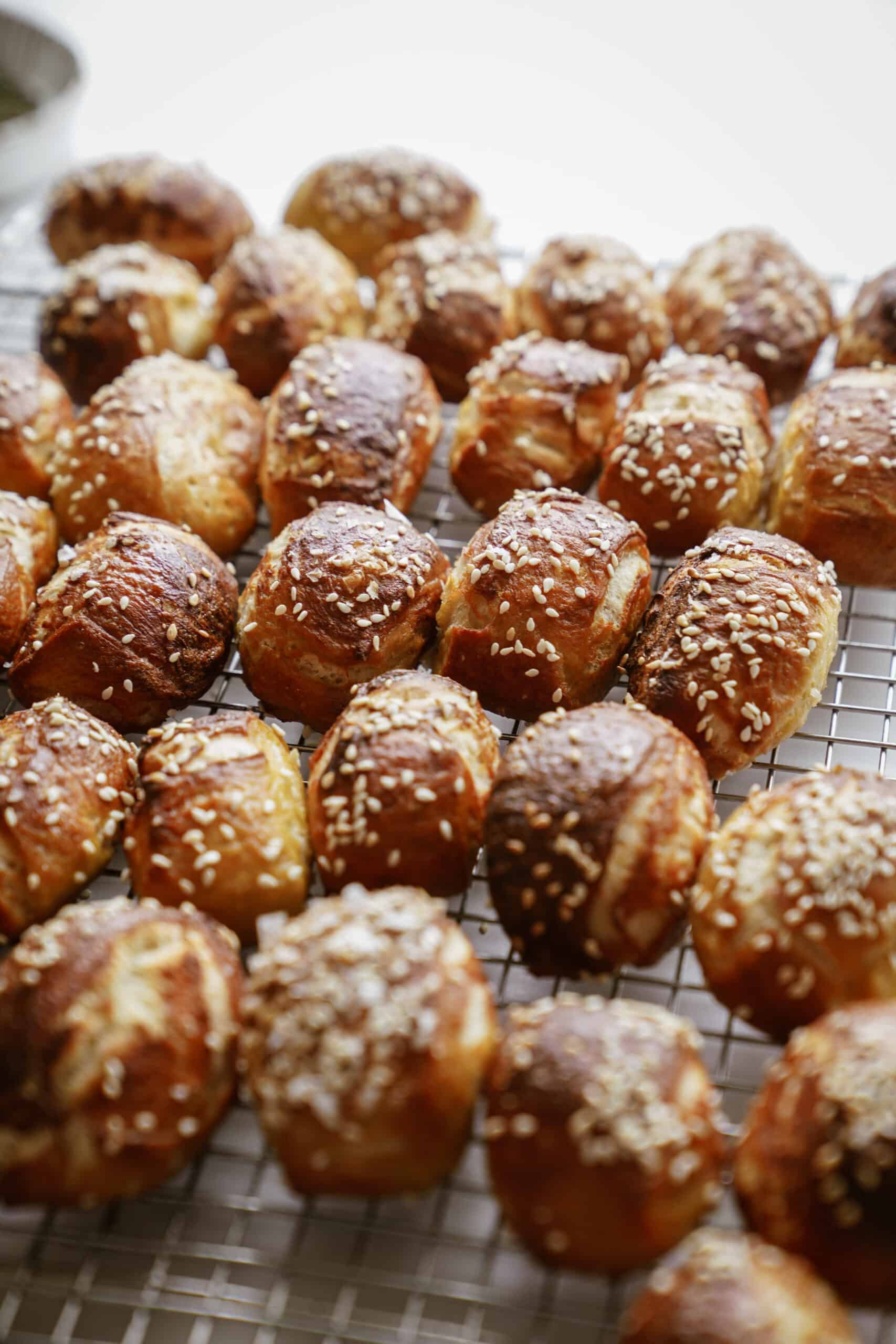 Baked pretzel bites on a baking sheet