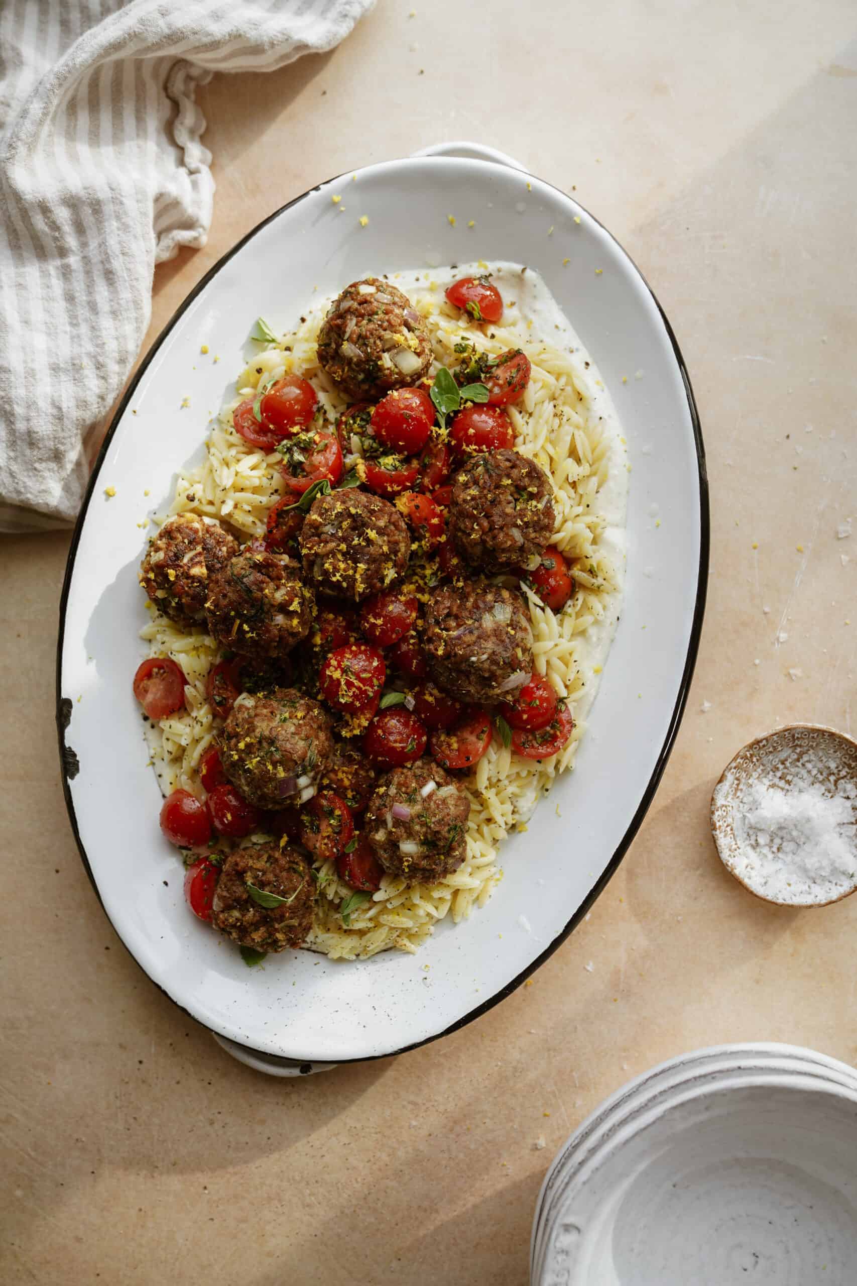 Vegan Greek meatballs on a serving dish