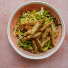 Vegan chicken salad in a serving bowl