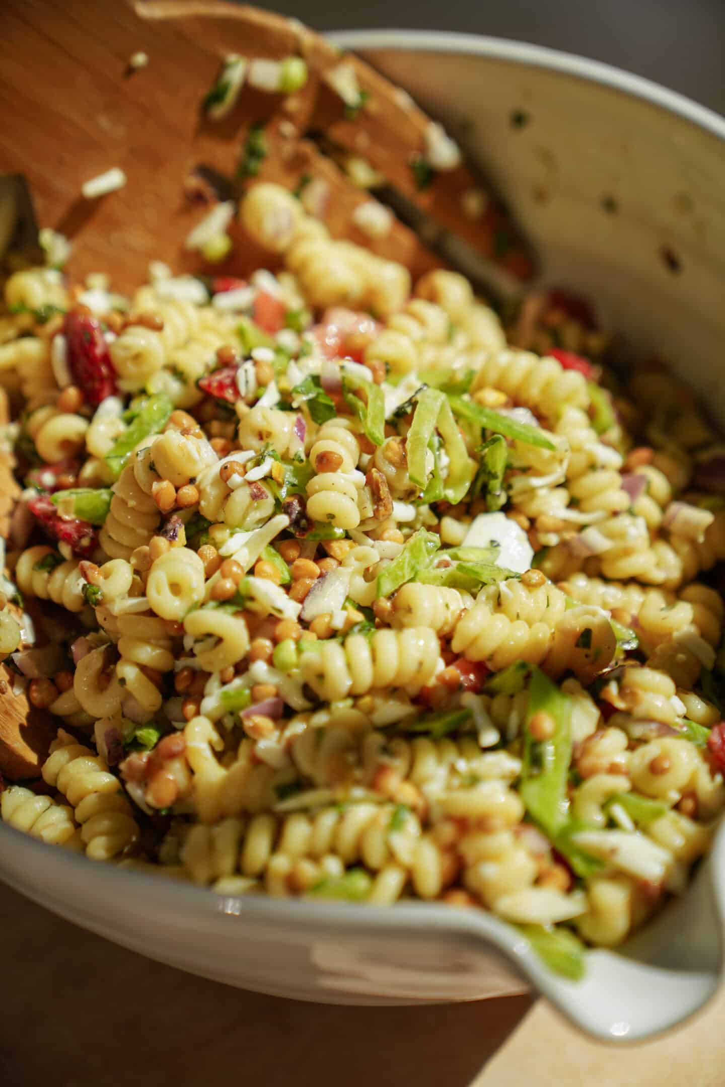 Close up of a salad meal prepped for a picnic or lunch in a big bowl