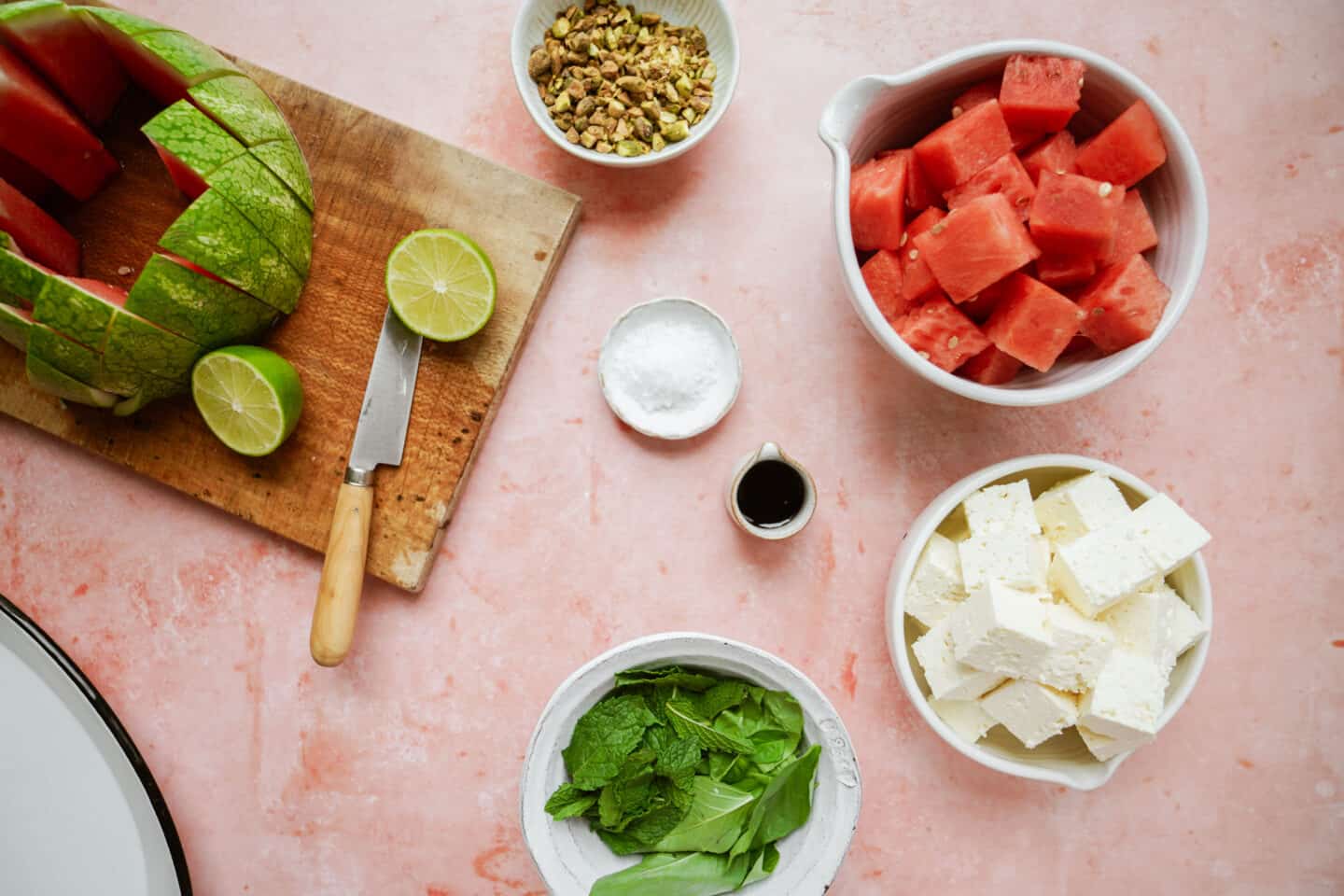 Ingredients for an easy summer appetizers, watermelon skewers