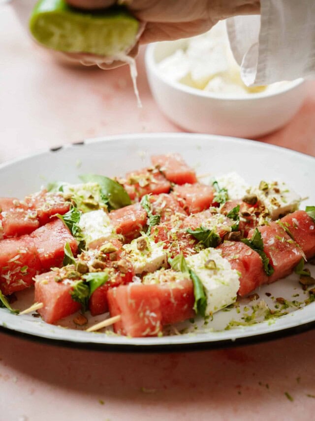 Watermelon skewers on a plate, a great summer appetizer