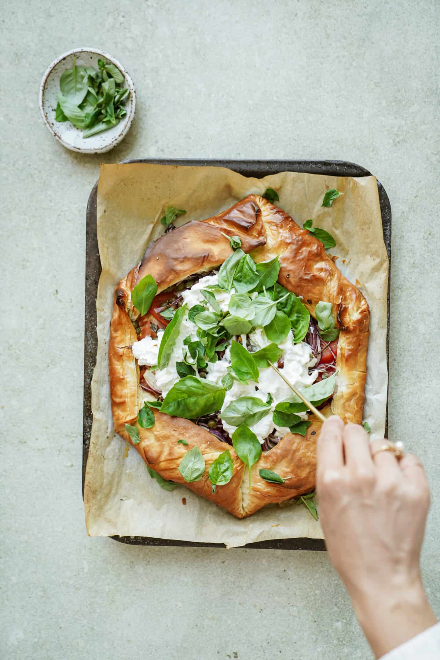 Burrata recipe on a baking sheet