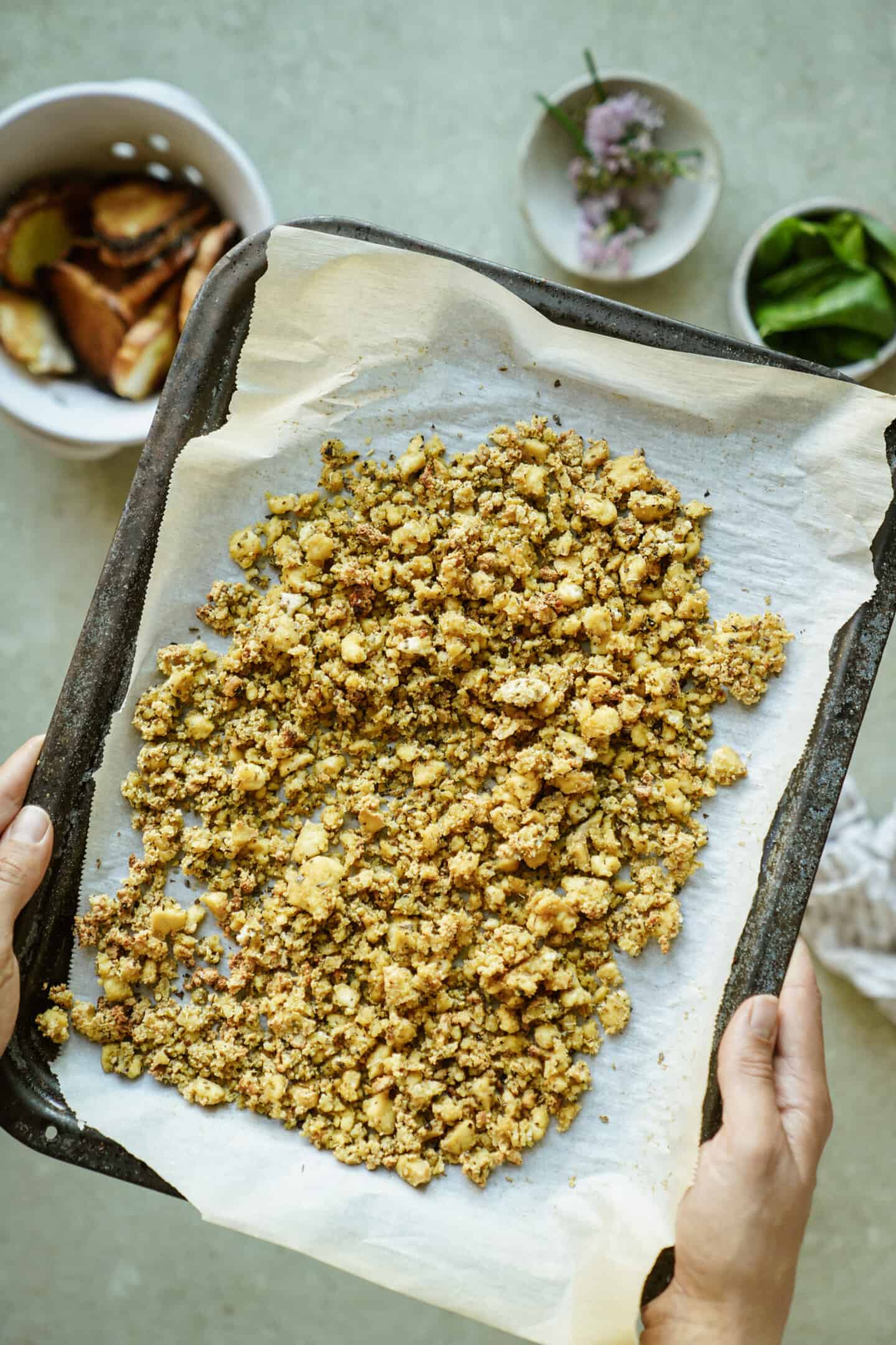 Baked tofu on a baking sheet