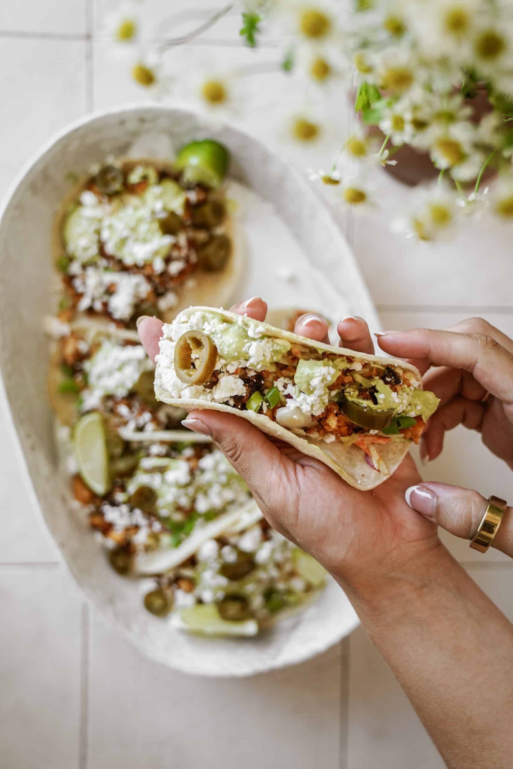 Hand holding tofu taco