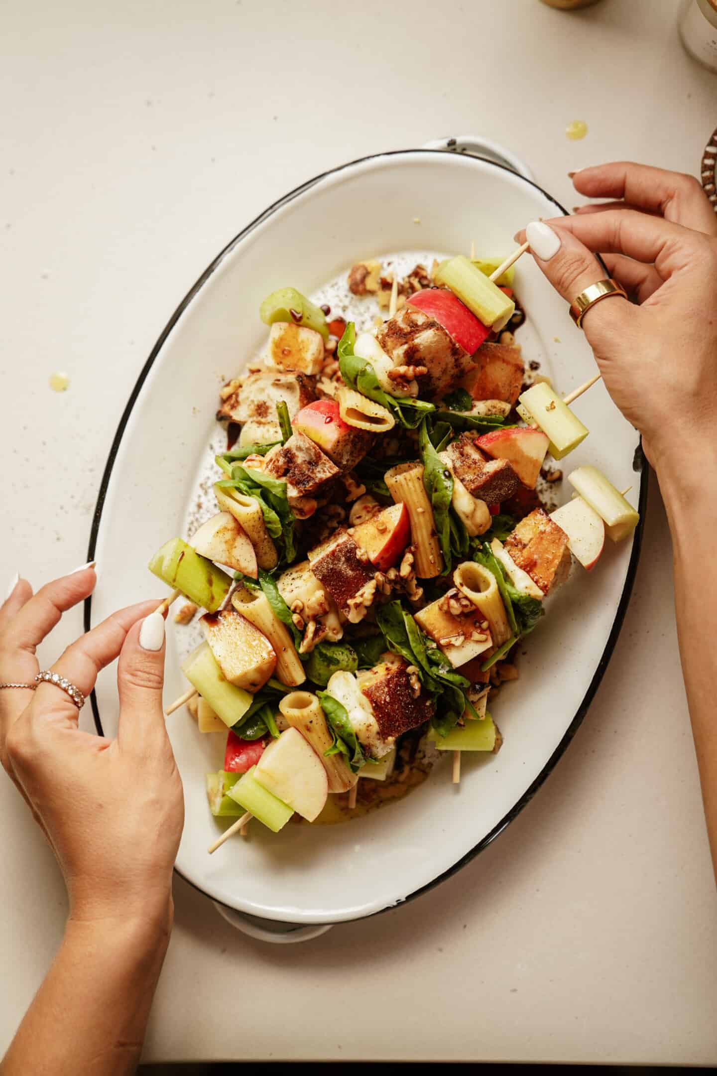 Healthy snack ideas - salad skewers on a serving plate