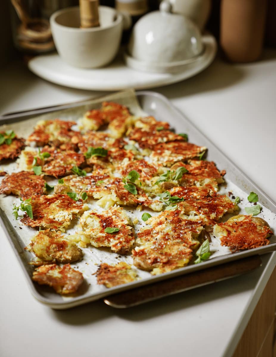 Crispy potatoes on a baking tray