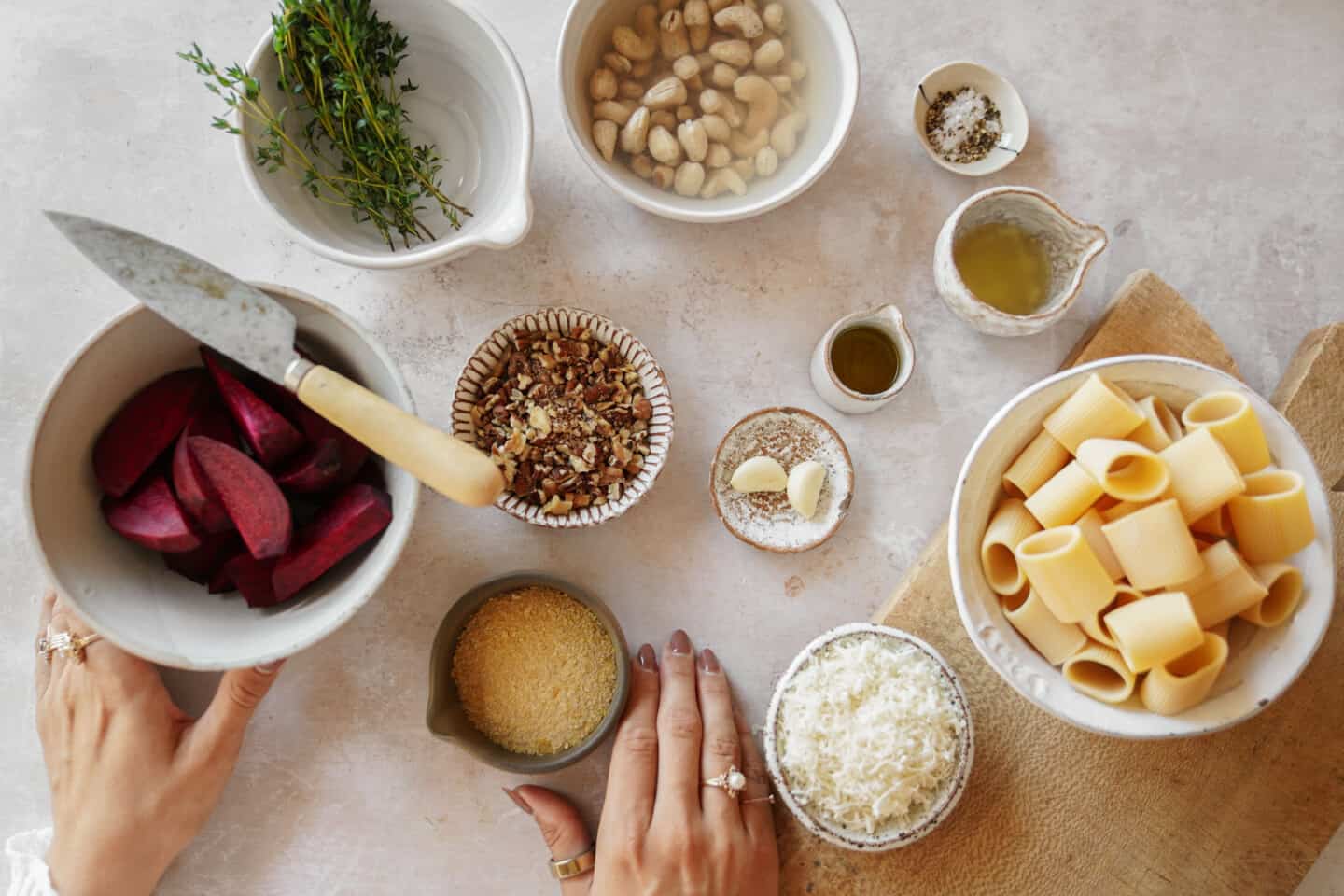 Ingredients for pink sauce pasta on counter