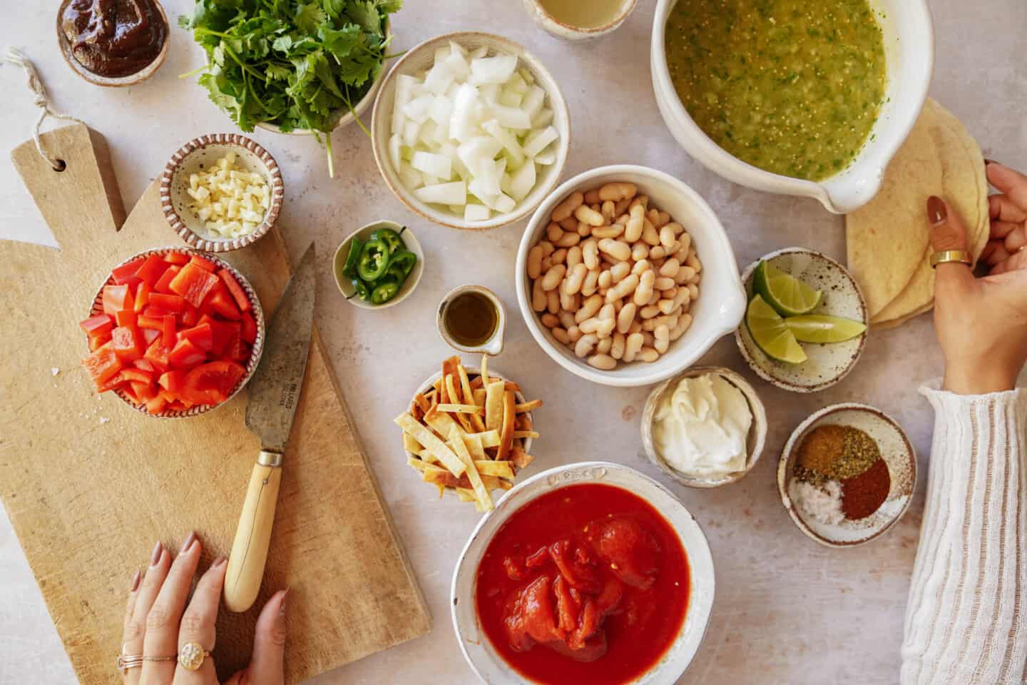 Ingredients for tortilla soup on counter