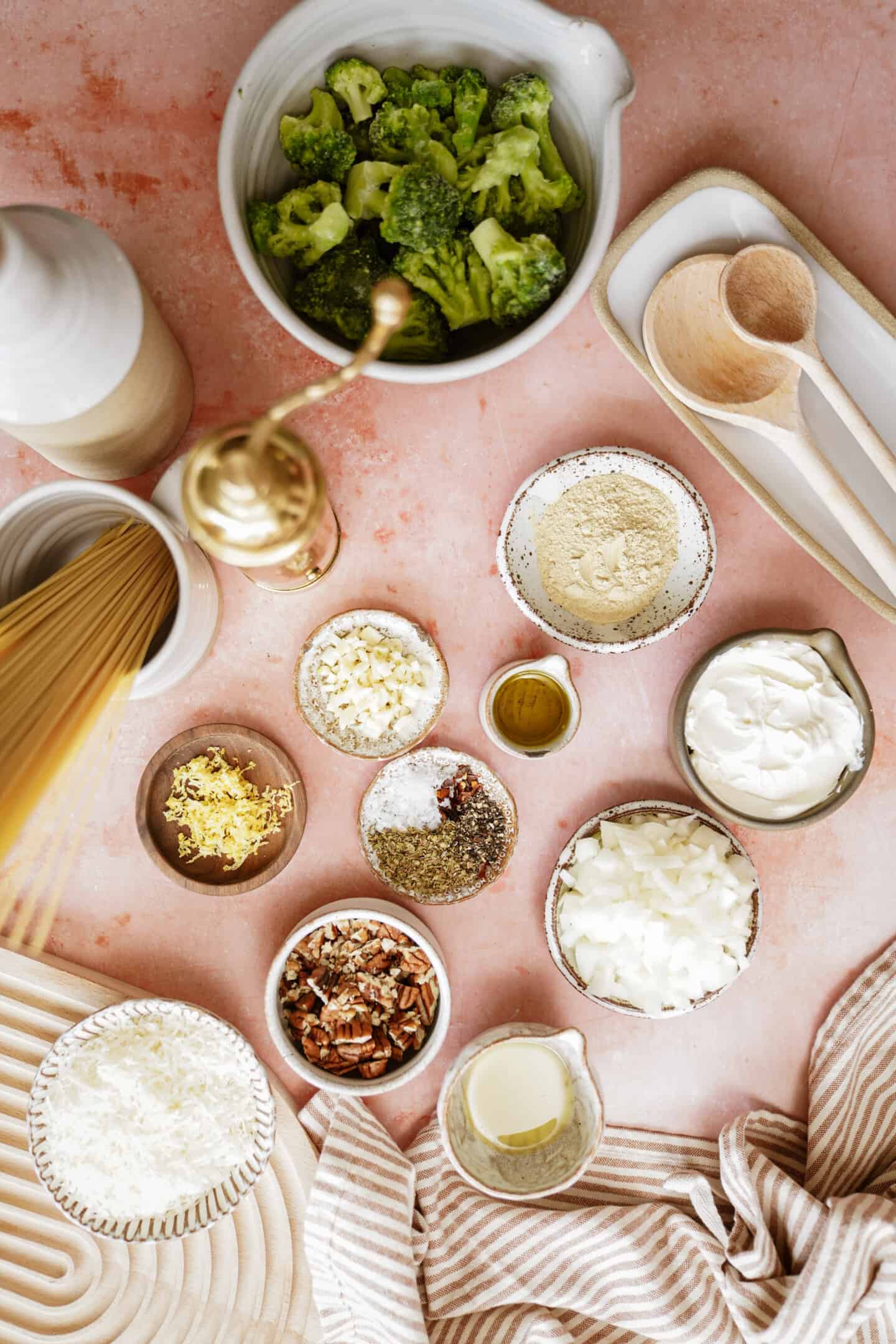 Broccoli pasta ingredients on a counter