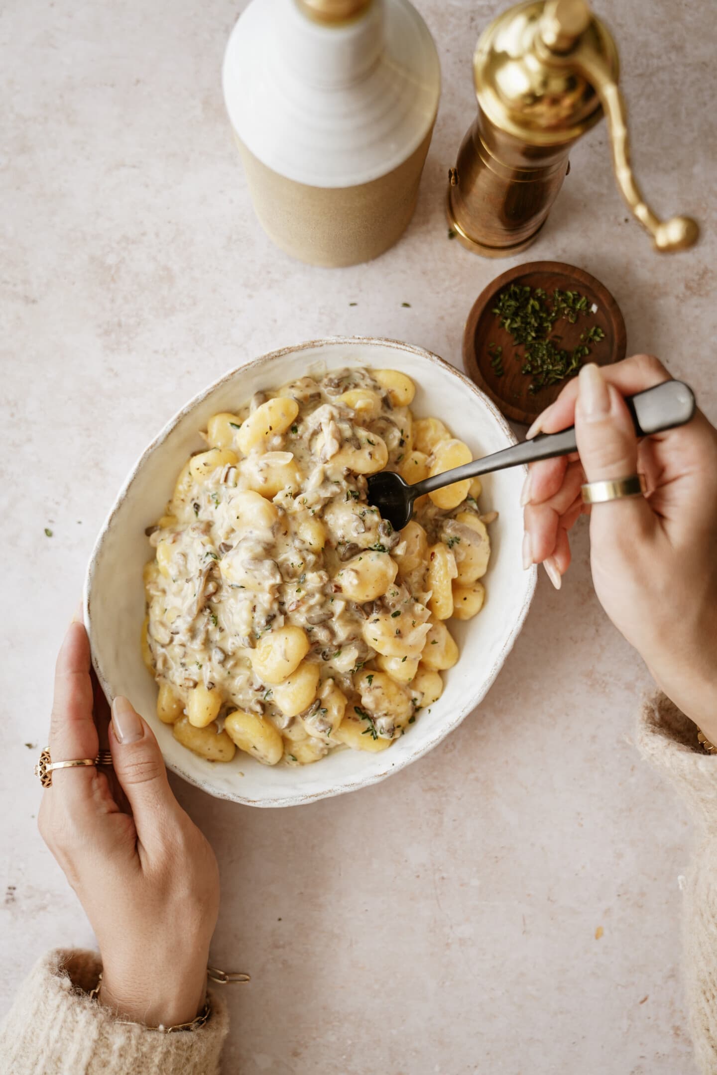 Mushroom gnocchi in a serving bowl