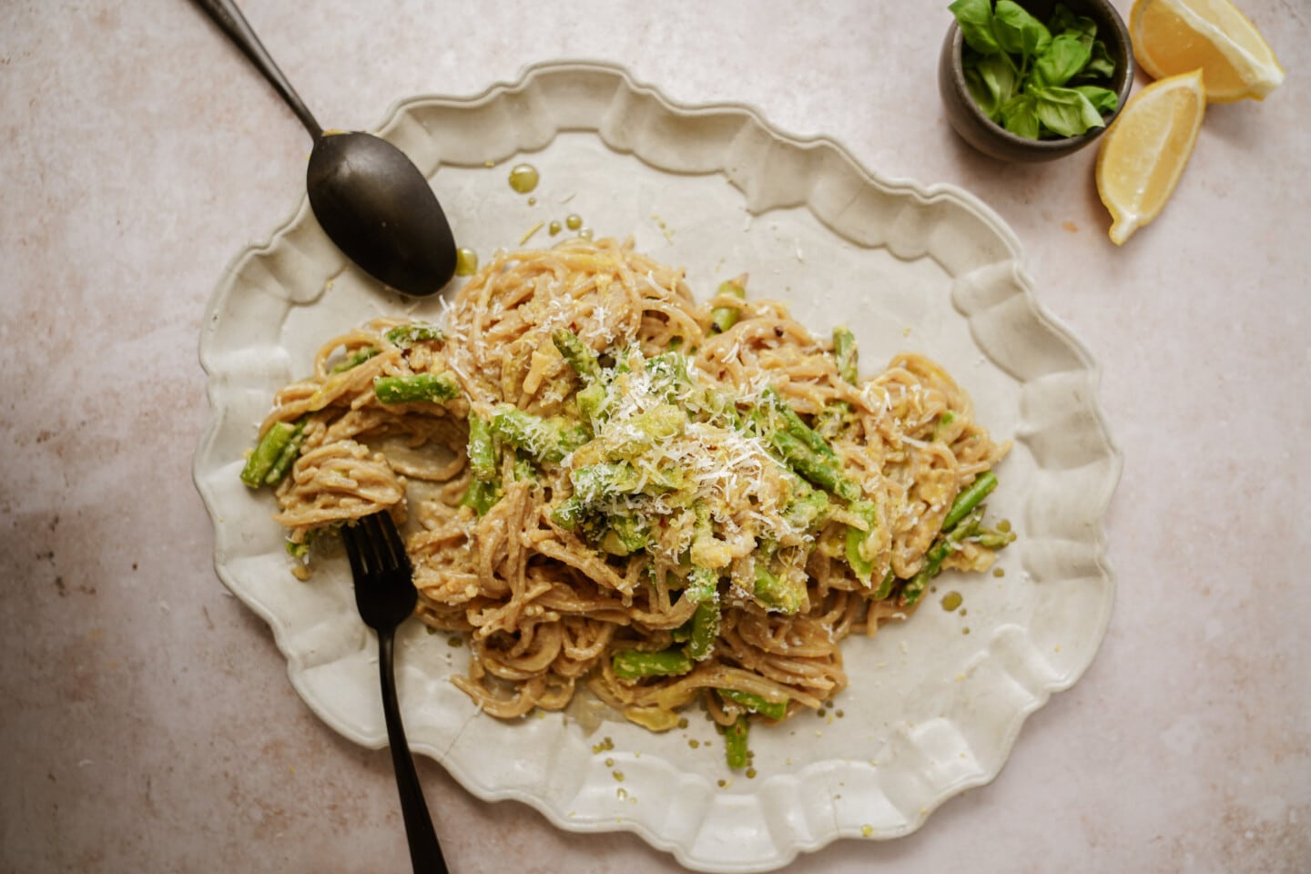 White wine spaghetti sauce on a serving platter