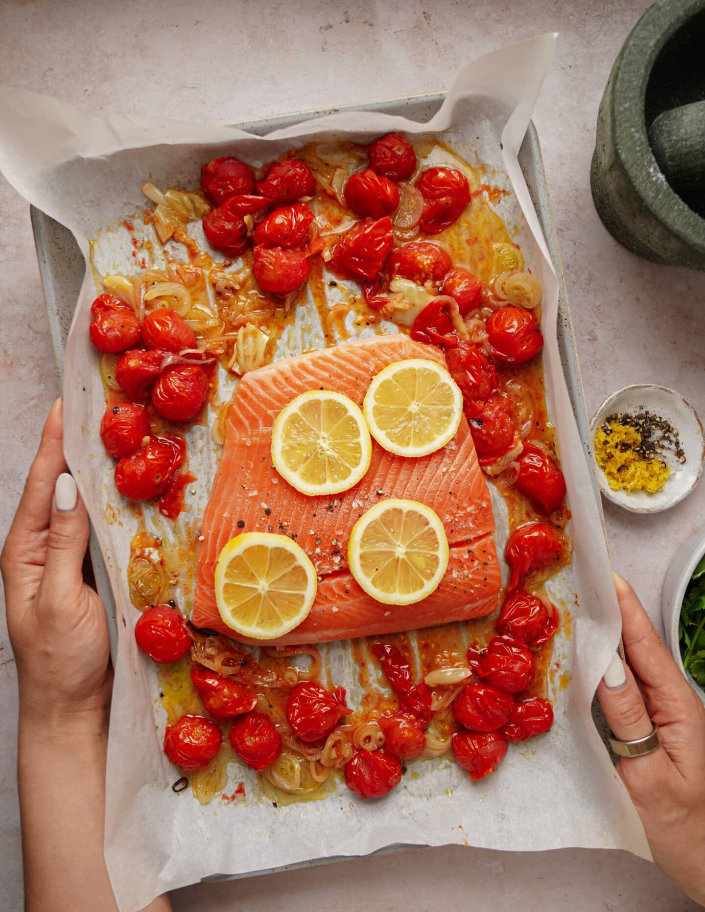 Oven baked fish on a pan