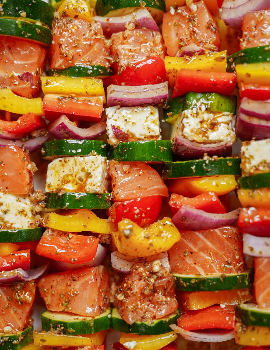 Close-up of BBQ salmon kebabs