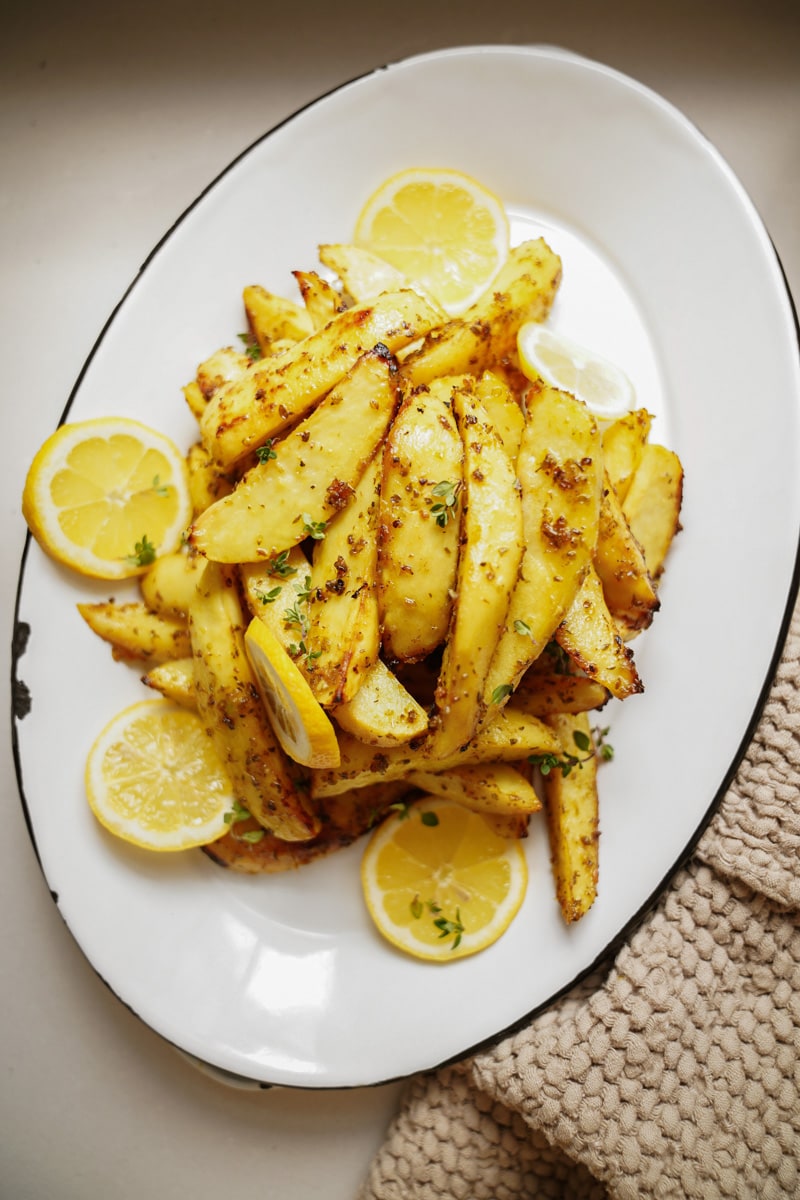 Crispy Greek potatoes on a plate