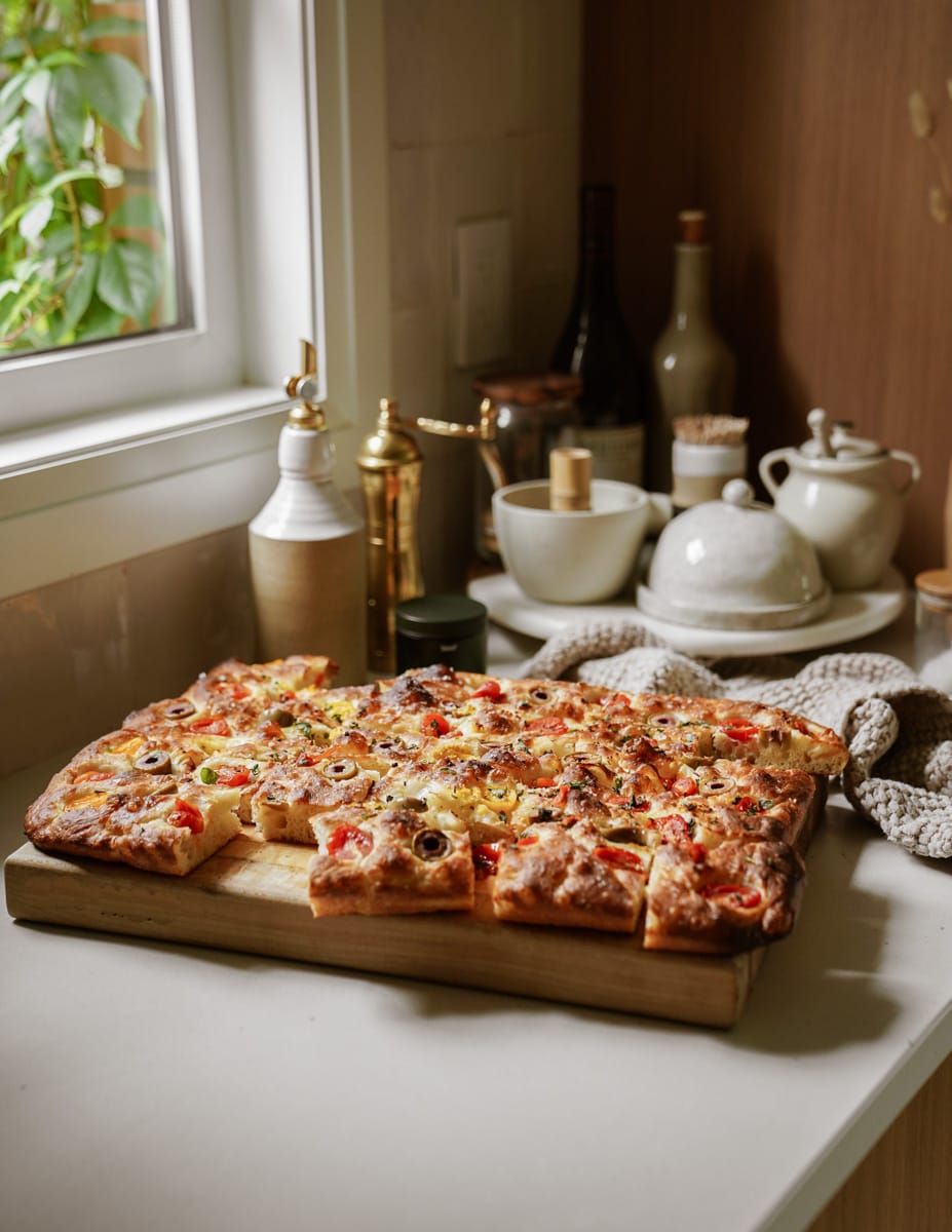 Focaccia on countertop