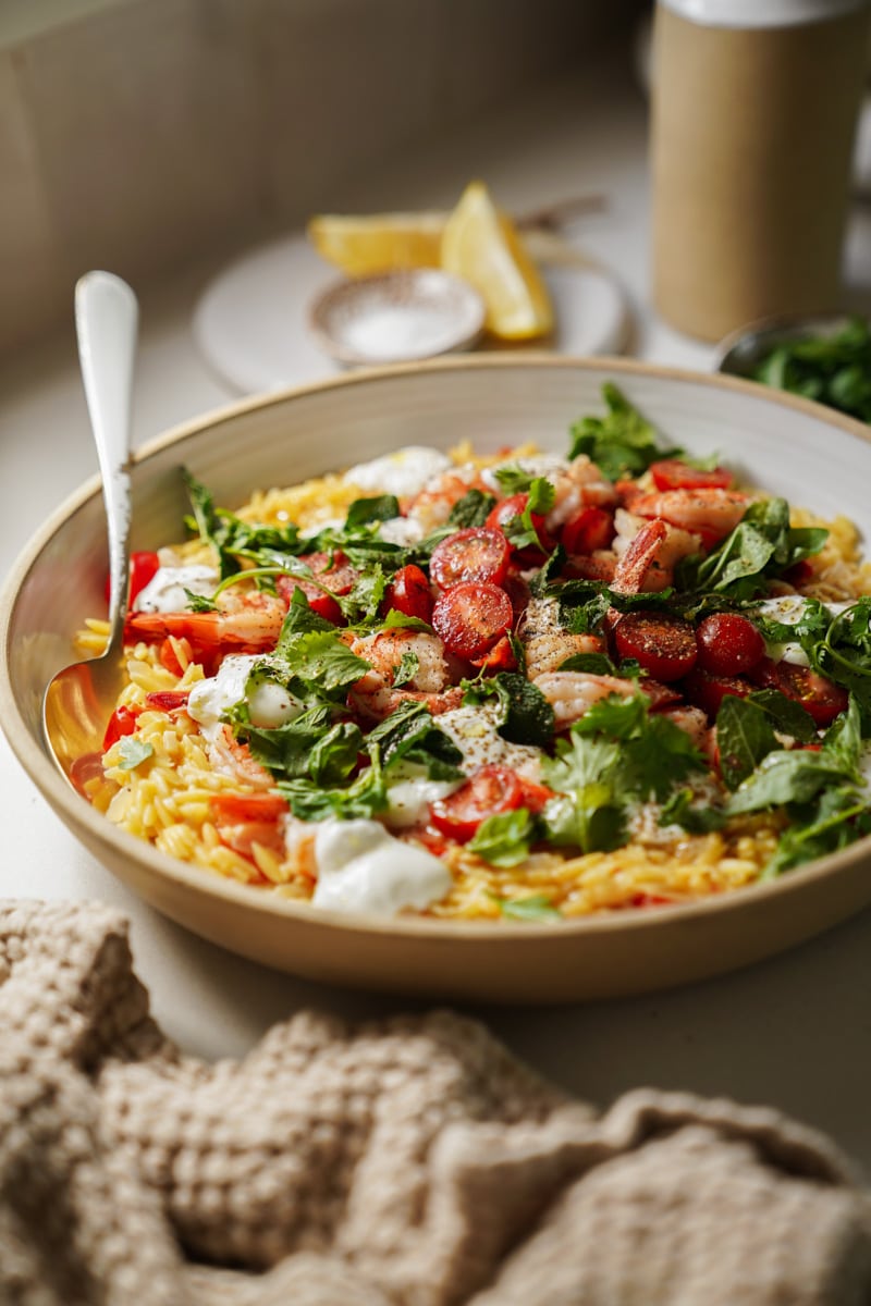 One pot orzo in a bowl