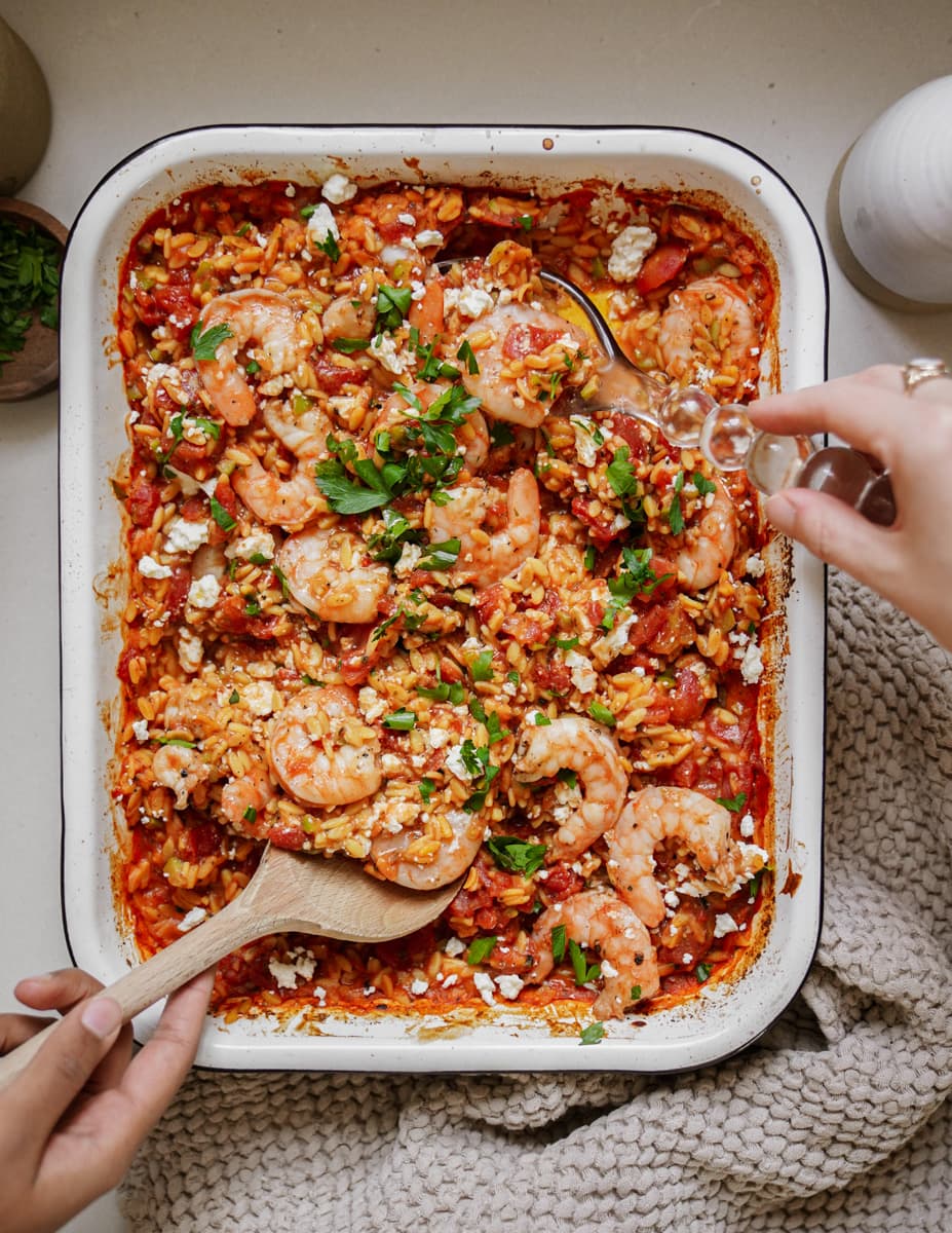 Orzo pasta bake in a casserole dish