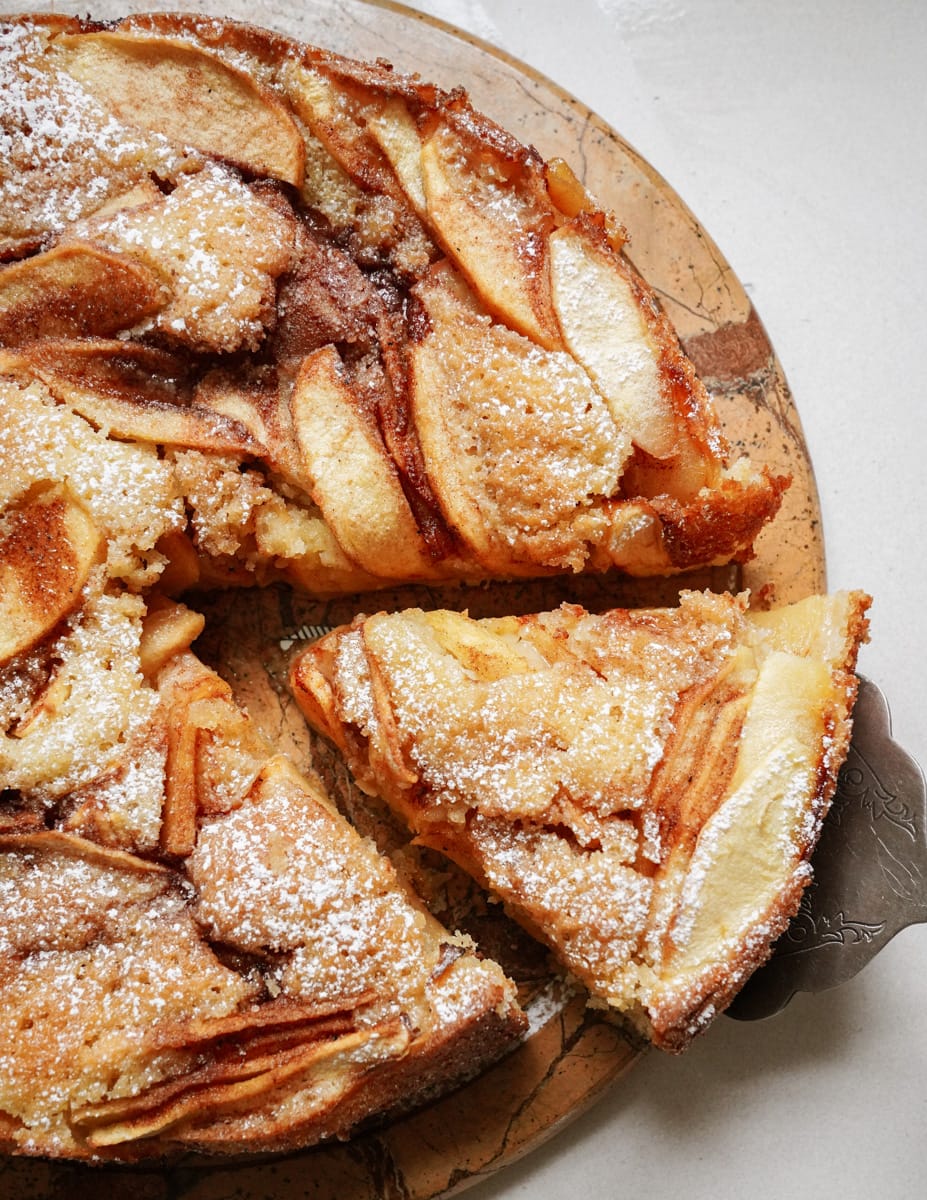 Close up of a slice of Greek apple cake