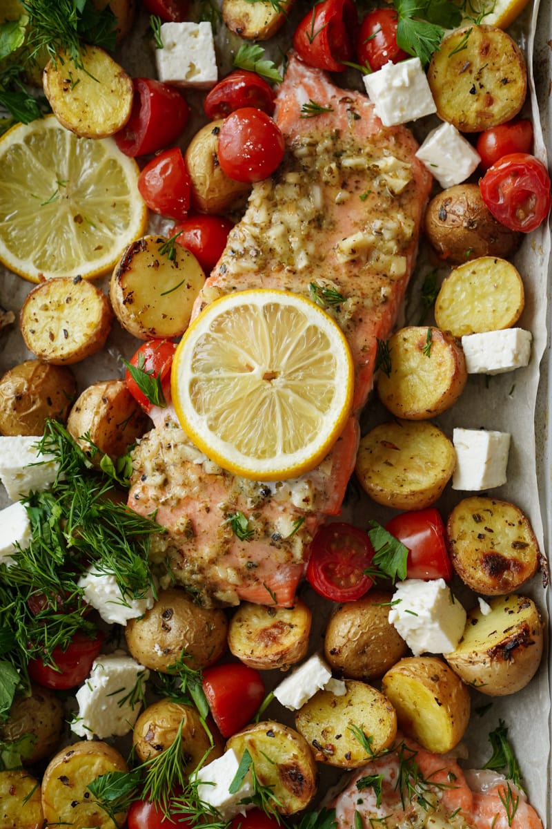 Close up of sheet pan salmon