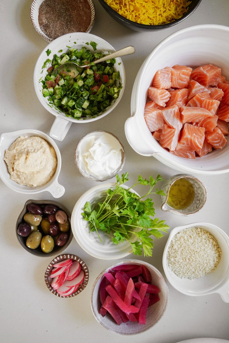 Ingredients for salmon bowl