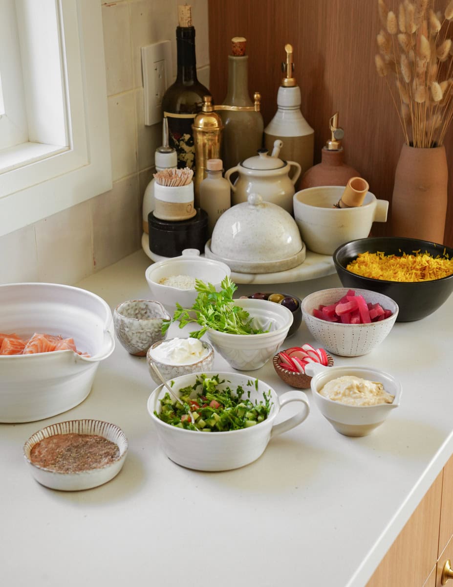 Ingredients on counter for salmon bowls