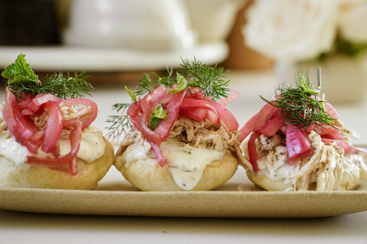 Close up of slow cooker chicken breast sliders