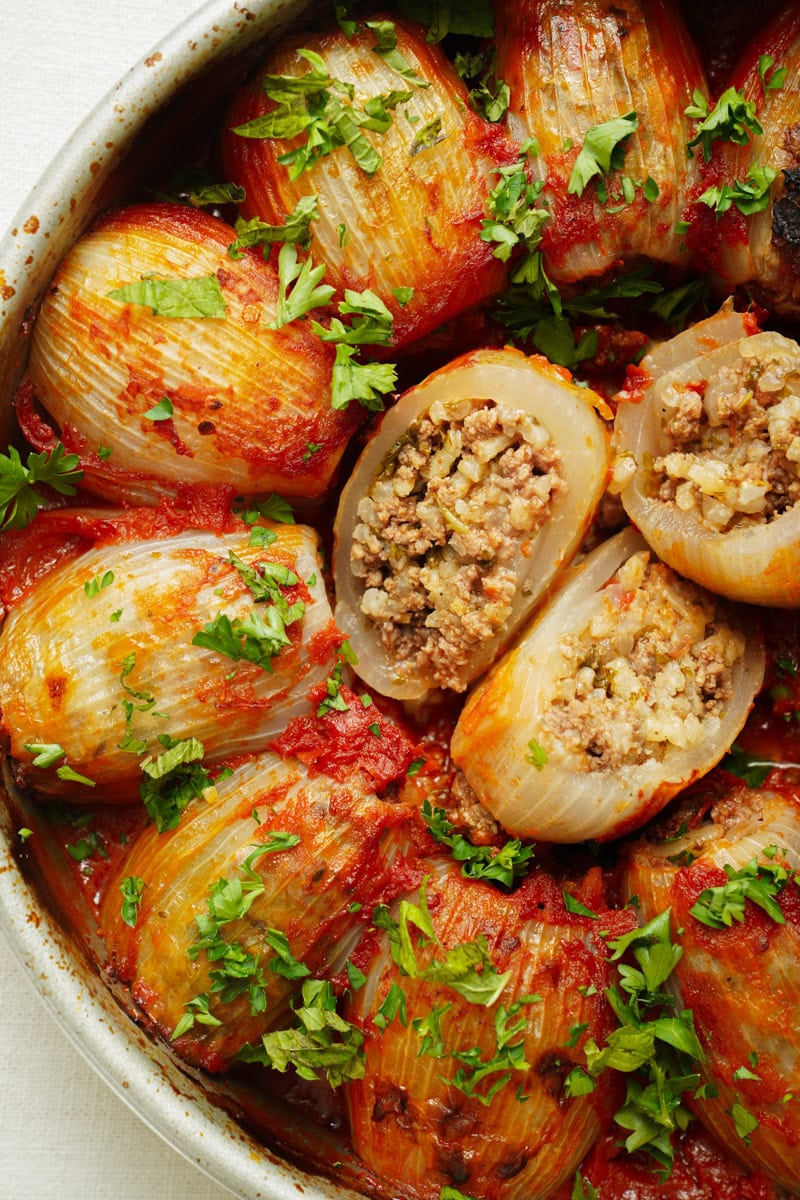 Close up of stuffed onions