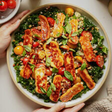 Close up of halloumi salad on a counter