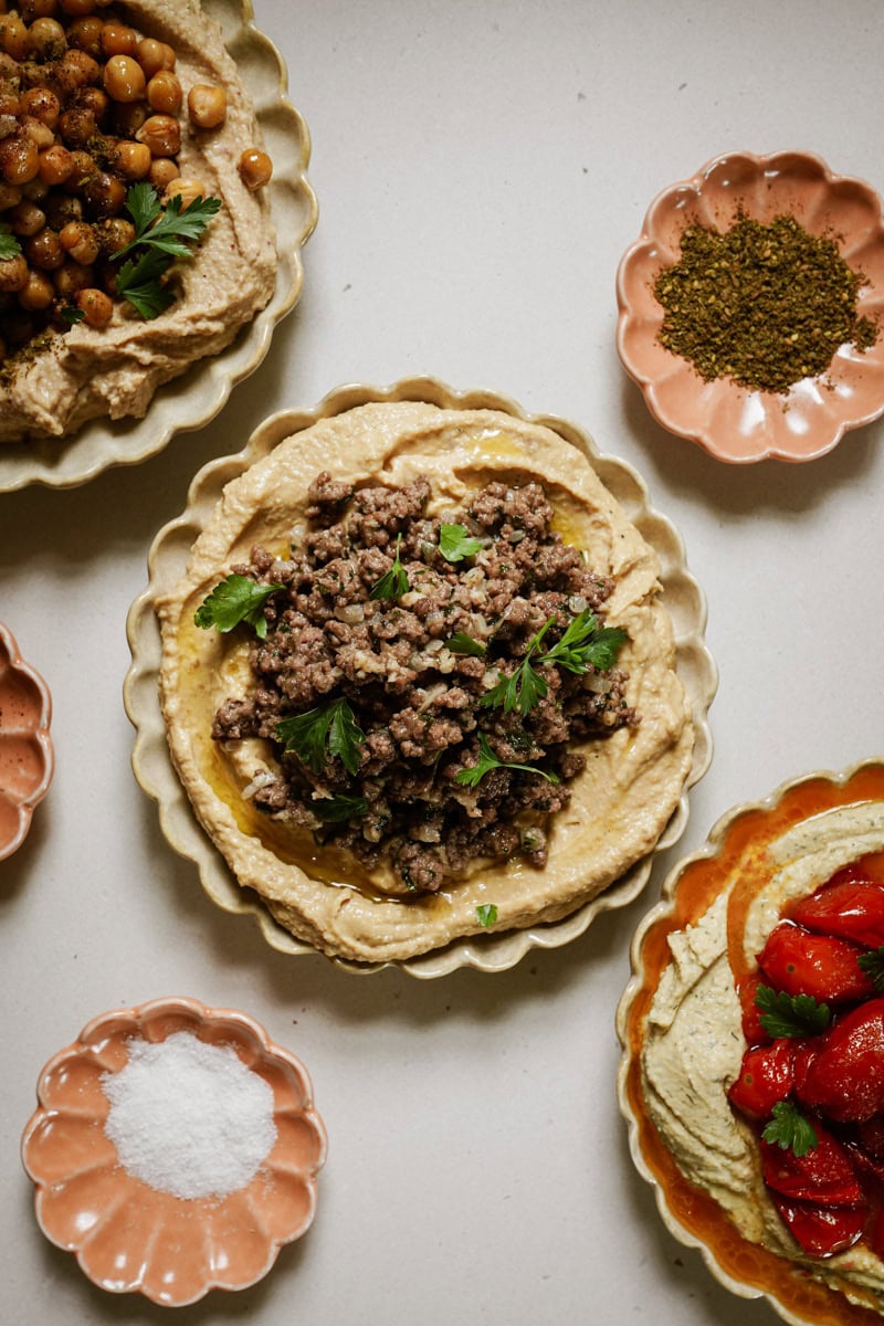 Ground beef hummus topping