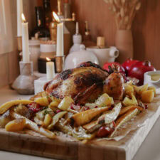 Roasted chicken on a wooden board surrounded by roasted potatoes and vegetables. Candles and decorative items are in the background, creating a warm, cozy atmosphere.