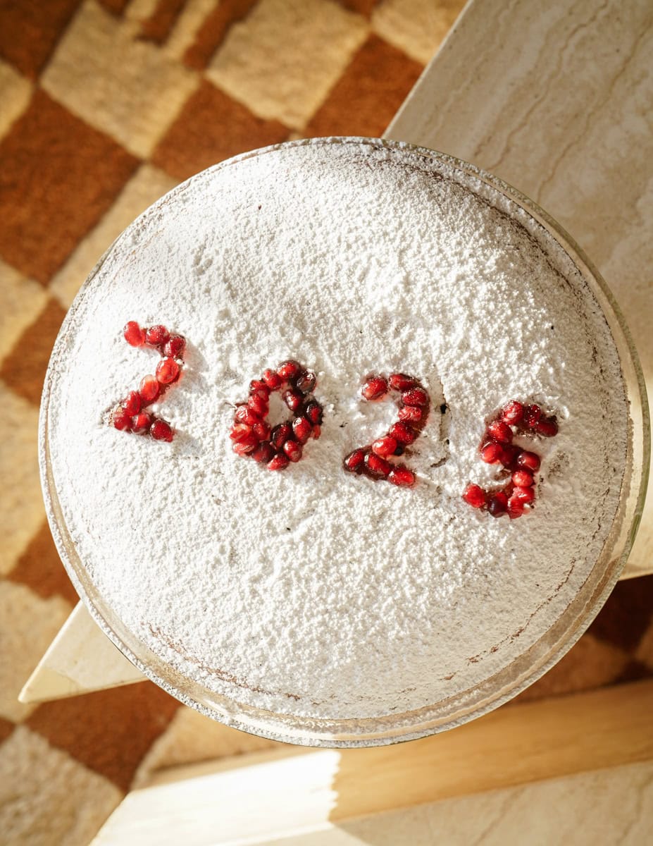 A round cake topped with powdered sugar features the numbers 2025 highlighted in red pomegranate seeds. The background shows a checkered brown and white floor pattern.